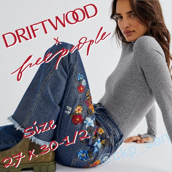 Free People x Driftwood Ollie Embroidered Wide Leg Jeans Sz 27